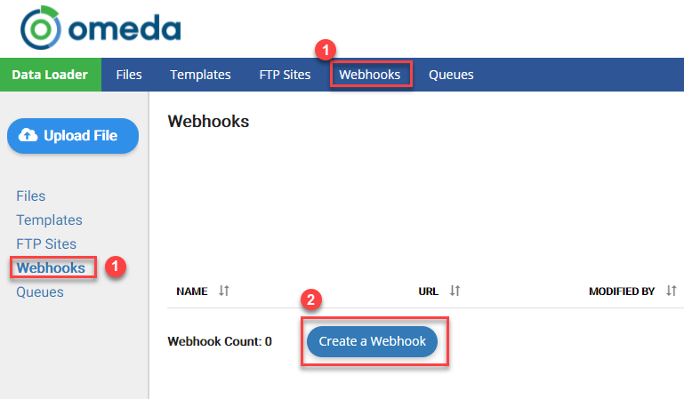 Webhook Menu and Create a Webhook Button